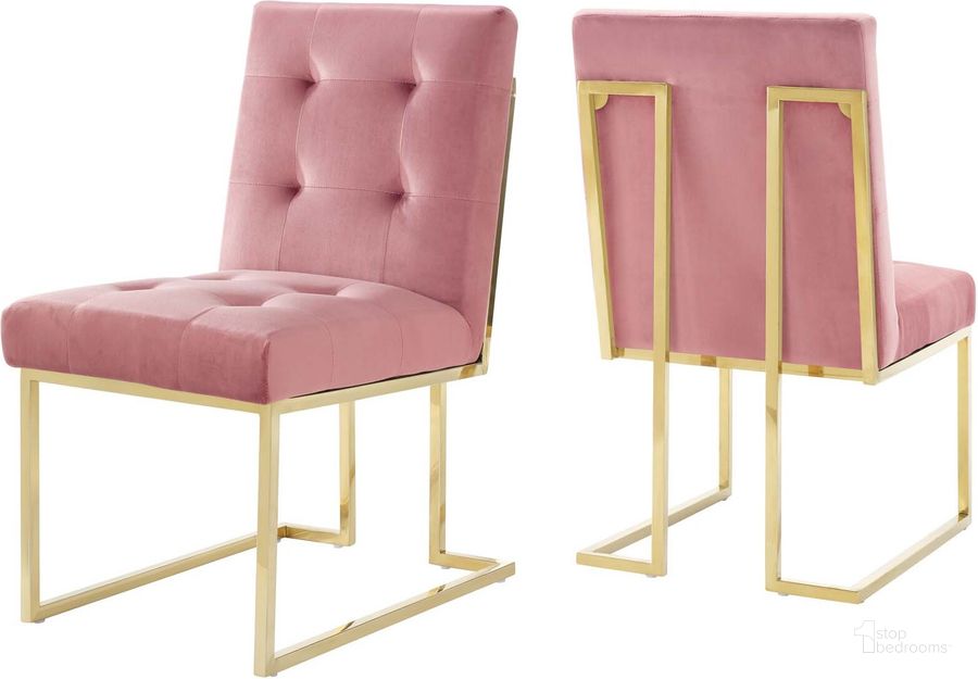The appearance of Privy Gold Dusty Rose Gold Stainless Steel Performance Velvet Dining Chair Set of 2 designed by Modway in the modern / contemporary interior design. This gold dusty rose piece of furniture  was selected by 1StopBedrooms from Privy Collection to add a touch of cosiness and style into your home. Sku: EEI-4152-GLD-DUS. Material: Wood. Product Type: Dining Chair. Image1