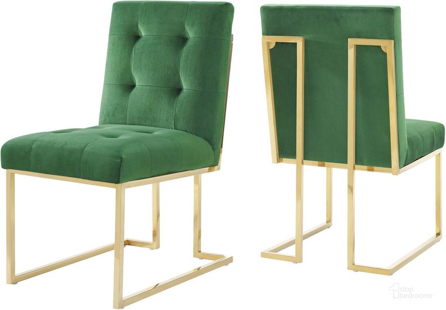 The appearance of Privy Gold Emerald Gold Stainless Steel Performance Velvet Dining Chair Set of 2 designed by Modway in the modern / contemporary interior design. This gold emerald piece of furniture  was selected by 1StopBedrooms from Privy Collection to add a touch of cosiness and style into your home. Sku: EEI-4152-GLD-EME. Material: Wood. Product Type: Dining Chair. Image1