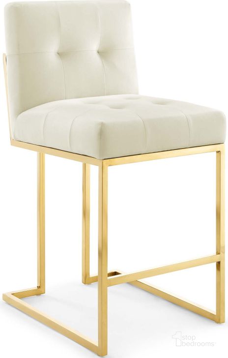 The appearance of Privy Gold Ivory Gold Stainless Steel Performance Velvet Counter Stool EEI-3853-GLD-IVO designed by Modway in the modern / contemporary interior design. This gold ivory piece of furniture  was selected by 1StopBedrooms from Privy Collection to add a touch of cosiness and style into your home. Sku: EEI-3853-GLD-IVO. Material: Wood. Product Type: Barstool. Image1