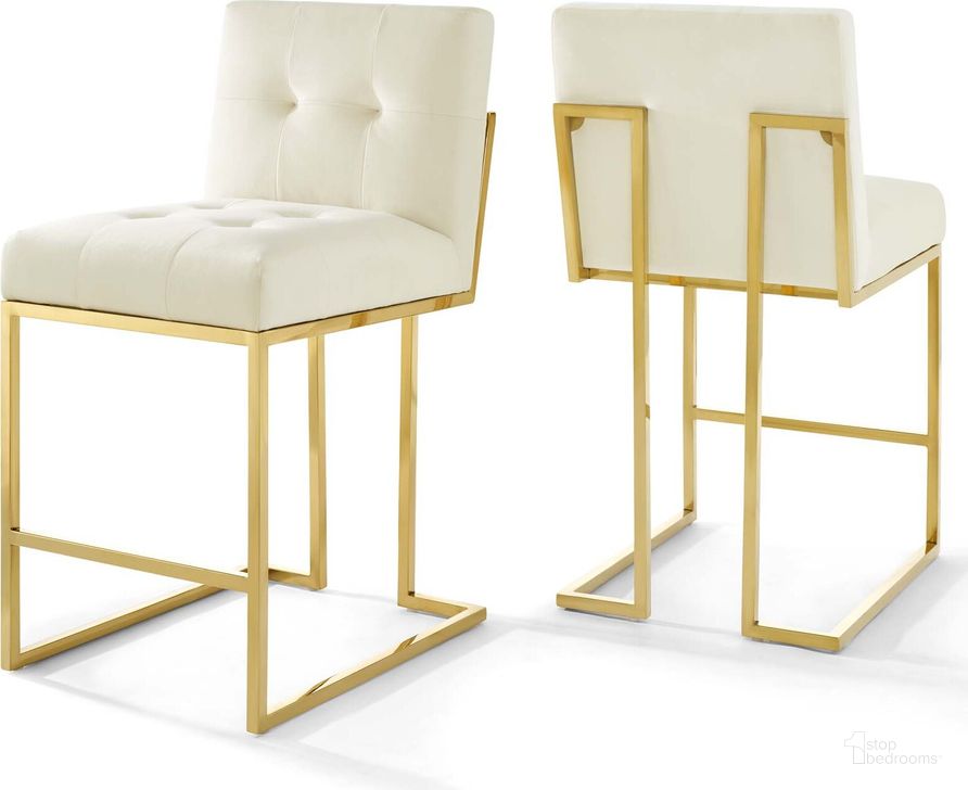 The appearance of Privy Gold Ivory Gold Stainless Steel Performance Velvet Counter Stool Set of 2 EEI-4155-GLD-IVO designed by Modway in the modern / contemporary interior design. This gold ivory piece of furniture  was selected by 1StopBedrooms from Privy Collection to add a touch of cosiness and style into your home. Sku: EEI-4155-GLD-IVO. Material: Wood. Product Type: Barstool. Image1