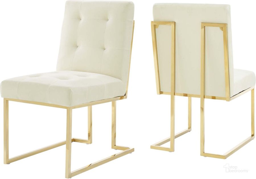 The appearance of Privy Gold Ivory Gold Stainless Steel Performance Velvet Dining Chair Set of 2 designed by Modway in the modern / contemporary interior design. This gold ivory piece of furniture  was selected by 1StopBedrooms from Privy Collection to add a touch of cosiness and style into your home. Sku: EEI-4152-GLD-IVO. Material: Wood. Product Type: Dining Chair. Image1
