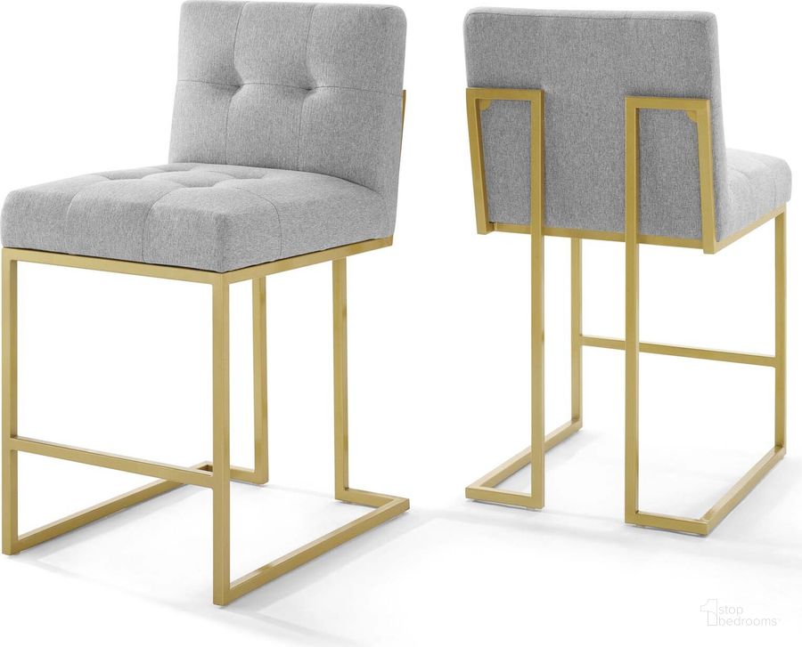 The appearance of Privy Gold Light Gray Gold Stainless Steel Upholstered Fabric Counter Stool Set of 2 designed by Modway in the modern / contemporary interior design. This gold light gray piece of furniture  was selected by 1StopBedrooms from Privy Collection to add a touch of cosiness and style into your home. Sku: EEI-4154-GLD-LGR. Material: Wood. Product Type: Dining Chair. Image1