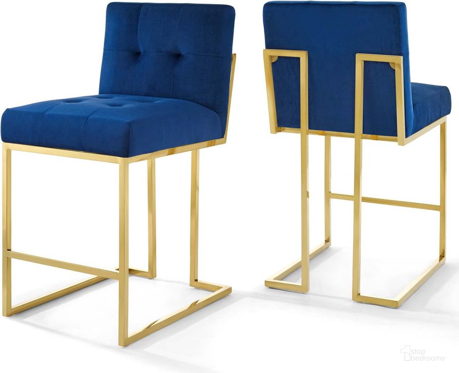 The appearance of Privy Gold Navy Gold Stainless Steel Performance Velvet Counter Stool Set of 2 designed by Modway in the modern / contemporary interior design. This gold navy piece of furniture  was selected by 1StopBedrooms from Privy Collection to add a touch of cosiness and style into your home. Sku: EEI-4155-GLD-NAV. Material: Wood. Product Type: Barstool. Image1