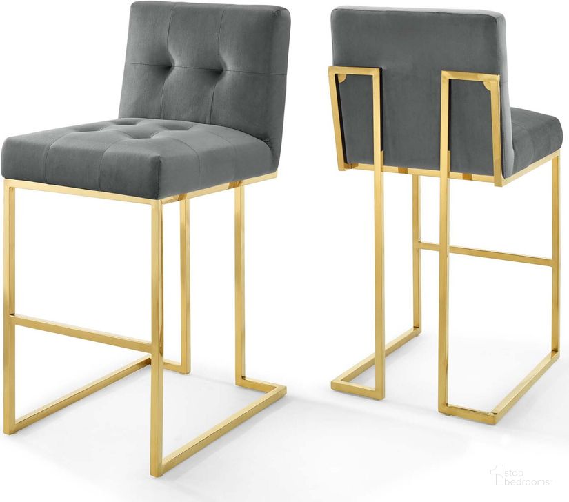 The appearance of Privy Gold Stainless Steel Performance Velvet Bar Stool Set of 2 designed by Modway in the modern / contemporary interior design. This gold charcoal piece of furniture  was selected by 1StopBedrooms from Privy Collection to add a touch of cosiness and style into your home. Sku: EEI-4158-GLD-CHA. Material: Wood. Product Type: Barstool. Image1
