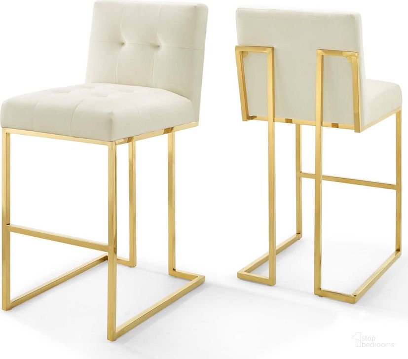 The appearance of Privy Gold Stainless Steel Performance Velvet Bar Stool Set of 2 EEI-4158-GLD-IVO designed by Modway in the modern / contemporary interior design. This gold ivory piece of furniture  was selected by 1StopBedrooms from Privy Collection to add a touch of cosiness and style into your home. Sku: EEI-4158-GLD-IVO. Material: Wood. Product Type: Barstool. Image1