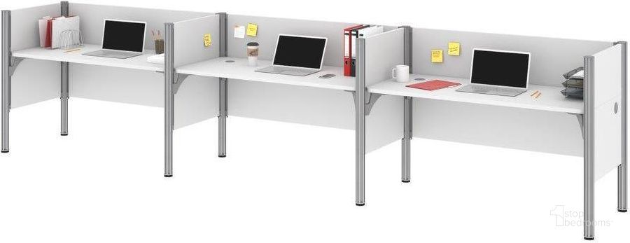 The appearance of Bestar Pro-Biz 3-Person Office Cubicles With Low Privacy Panels In White designed by Bestar in the modern / contemporary interior design. This white piece of furniture  was selected by 1StopBedrooms from Pro-Biz Collection to add a touch of cosiness and style into your home. Sku: 100872C-17. Material: Wood. Product Type: Work Station. Image1