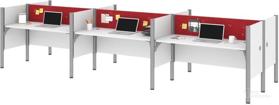 The appearance of Bestar Pro-Biz 6-Person Office Cubicles With Red Tack Boards And Low Privacy Panels In White designed by Bestar in the modern / contemporary interior design. This white piece of furniture  was selected by 1StopBedrooms from Pro-Biz Collection to add a touch of cosiness and style into your home. Sku: 100873CR-17. Material: Wood. Product Type: Work Station. Image1