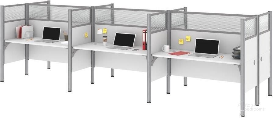 The appearance of Bestar Pro-Biz 6-Person Office Cubicles With High Privacy Panels In White designed by Bestar in the modern / contemporary interior design. This white piece of furniture  was selected by 1StopBedrooms from Pro-Biz Collection to add a touch of cosiness and style into your home. Sku: 100873D-17. Material: Wood. Product Type: Work Station. Image1