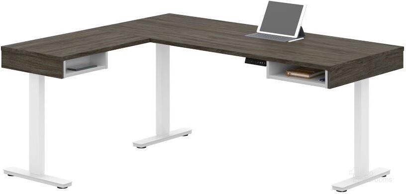The appearance of Pro-Vega Height Adjustable L-Desk in Walnut Grey and White 130420-000035 designed by Bestar in the modern / contemporary interior design. This walnut gray piece of furniture  was selected by 1StopBedrooms from Pro-Vega Collection to add a touch of cosiness and style into your home. Sku: 130420-000035. Material: Wood. Product Type: Desk. Image1