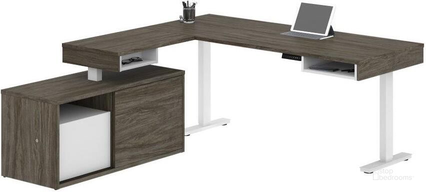 The appearance of Pro-Vega Height Adjustable L-Desk in Walnut Grey and White 130850-000035 designed by Bestar in the modern / contemporary interior design. This walnut gray piece of furniture  was selected by 1StopBedrooms from Pro-Vega Collection to add a touch of cosiness and style into your home. Sku: 130850-000035. Material: Wood. Product Type: Desk. Image1