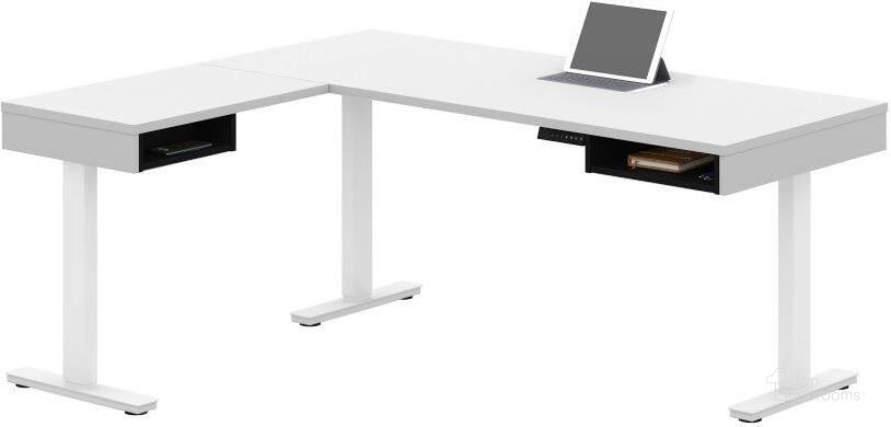 The appearance of Pro-Vega Height Adjustable L-Desk in White and Black 130420-000017 designed by Bestar in the modern / contemporary interior design. This white and black piece of furniture  was selected by 1StopBedrooms from Pro-Vega Collection to add a touch of cosiness and style into your home. Sku: 130420-000017. Material: Wood. Product Type: Desk. Image1