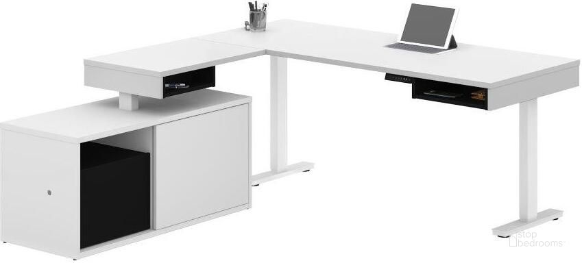The appearance of Pro-Vega Height Adjustable L-Desk in White and Black 130850-000017 designed by Bestar in the modern / contemporary interior design. This white and black piece of furniture  was selected by 1StopBedrooms from Pro-Vega Collection to add a touch of cosiness and style into your home. Sku: 130850-000017. Material: Wood. Product Type: Desk. Image1