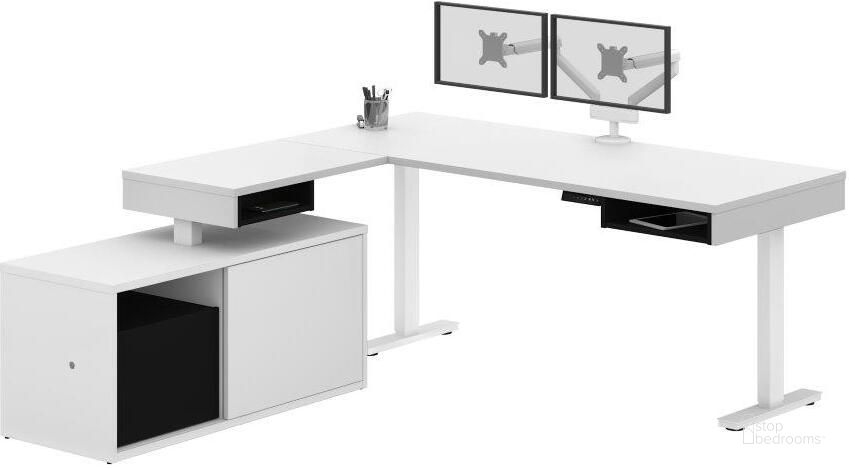 The appearance of Pro-Vega Height Adjustable L-Desk with Dual Monitor Arm in White and Black designed by Bestar in the modern / contemporary interior design. This white and black piece of furniture  was selected by 1StopBedrooms from Pro-Vega Collection to add a touch of cosiness and style into your home. Sku: 130851-000017. Material: Wood. Product Type: Desk. Image1