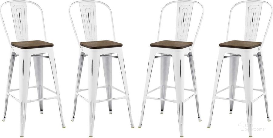 The appearance of Promenade Bar Stool Metal Set of 4 designed by Modway in the modern / contemporary interior design. This white and brown piece of furniture  was selected by 1StopBedrooms from Promenade Collection to add a touch of cosiness and style into your home. Sku: EEI-3951-WHI. Material: Metal. Product Type: Barstool. Image1