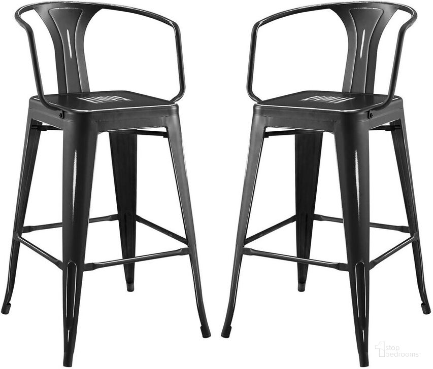 The appearance of Promenade Bar Stool Set of 2 In Black designed by Modway in the modern / contemporary interior design. This black piece of furniture  was selected by 1StopBedrooms from Promenade Collection to add a touch of cosiness and style into your home. Sku: EEI-3952-BLK. Material: Metal. Product Type: Barstool. Image1