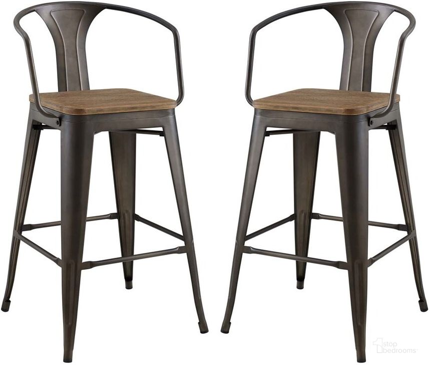 The appearance of Promenade Bar Stool Set of 2 In Brown designed by Modway in the modern / contemporary interior design. This brown piece of furniture  was selected by 1StopBedrooms from Promenade Collection to add a touch of cosiness and style into your home. Sku: EEI-3954-BRN. Material: Metal. Product Type: Barstool. Image1