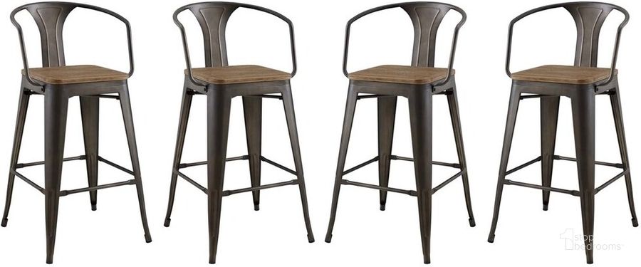 The appearance of Promenade Bar Stool Set of 4 In Brown designed by Modway in the modern / contemporary interior design. This brown piece of furniture  was selected by 1StopBedrooms from Promenade Collection to add a touch of cosiness and style into your home. Sku: EEI-3955-BRN. Material: Metal. Product Type: Barstool. Image1