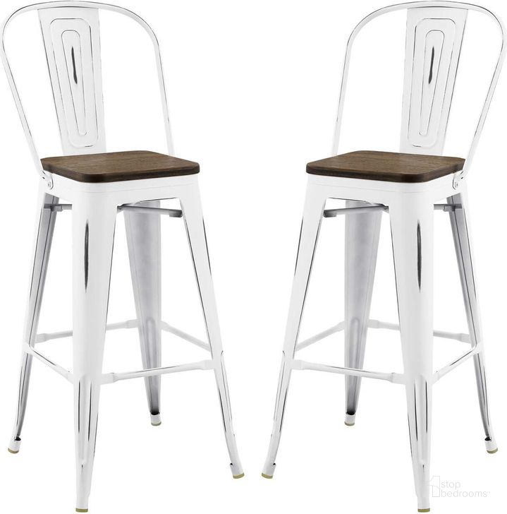 The appearance of Promenade White Bar Stool Metal Set of 2 designed by Modway in the modern / contemporary interior design. This white piece of furniture  was selected by 1StopBedrooms from Promenade Collection to add a touch of cosiness and style into your home. Sku: EEI-3899-WHI. Material: Metal. Product Type: Barstool. Image1