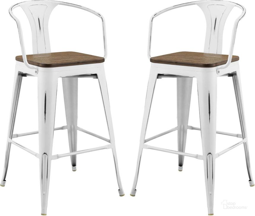 The appearance of Promenade White Bar Stool Set of 2 EEI-3954-WHI designed by Modway in the modern / contemporary interior design. This white piece of furniture  was selected by 1StopBedrooms from Promenade Collection to add a touch of cosiness and style into your home. Sku: EEI-3954-WHI. Material: Metal. Product Type: Barstool. Image1