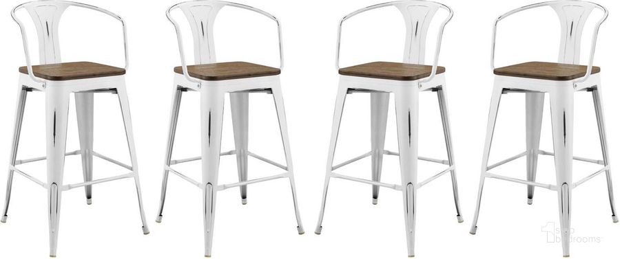 The appearance of Promenade White Bar Stool Set of 4 EEI-3955-WHI designed by Modway in the modern / contemporary interior design. This white piece of furniture  was selected by 1StopBedrooms from Promenade Collection to add a touch of cosiness and style into your home. Sku: EEI-3955-WHI. Material: Metal. Product Type: Barstool. Image1