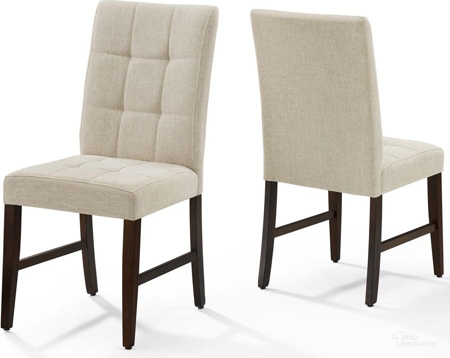 The appearance of Promulgate Beige Biscuit Tufted Upholstered Fabric Dining Chair Set of 2 designed by Modway in the modern / contemporary interior design. This beige piece of furniture  was selected by 1StopBedrooms from Promulgate Collection to add a touch of cosiness and style into your home. Sku: EEI-3335-BEI. Material: Wood. Product Type: Dining Chair. Image1