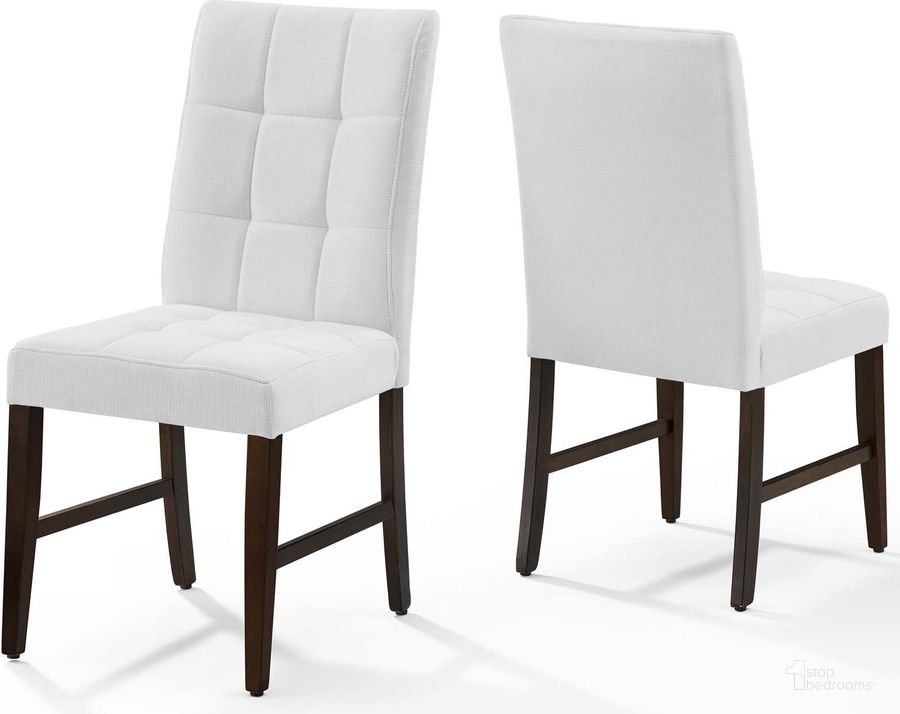 The appearance of Promulgate White Biscuit Tufted Upholstered Fabric Dining Chair Set of 2 designed by Modway in the modern / contemporary interior design. This white piece of furniture  was selected by 1StopBedrooms from Promulgate Collection to add a touch of cosiness and style into your home. Sku: EEI-3335-WHI. Material: Wood. Product Type: Dining Chair. Image1