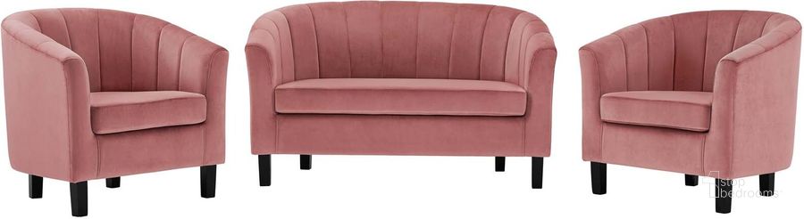 The appearance of Prospect Dusty Rose Channel Tufted 3 Piece Performance Velvet Set designed by Modway in the modern / contemporary interior design. This dusty rose piece of furniture  was selected by 1StopBedrooms from Prospect Collection to add a touch of cosiness and style into your home. Sku: EEI-4147-DUS-SET. Product Type: Living Room Set. Material: Pine. Image1