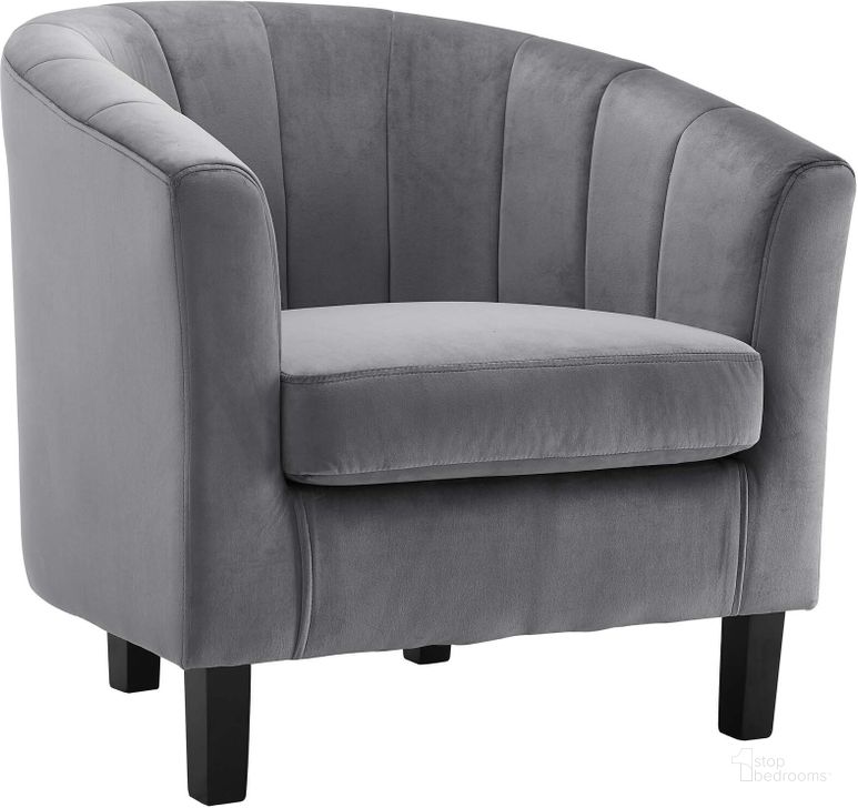 The appearance of Prospect Gray Channel Tufted Performance Velvet Arm Chair designed by Modway in the modern / contemporary interior design. This gray piece of furniture  was selected by 1StopBedrooms from Prospect Collection to add a touch of cosiness and style into your home. Sku: EEI-3188-GRY. Product Type: Living Room Chair. Material: Pine. Image1