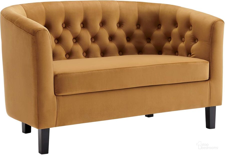 The appearance of Prospect Performance Velvet Loveseat EEI-2615-COG designed by Modway in the modern / contemporary interior design. This cognac piece of furniture  was selected by 1StopBedrooms from Prospect Collection to add a touch of cosiness and style into your home. Sku: EEI-2615-COG. Material: Wood. Product Type: Loveseat. Image1