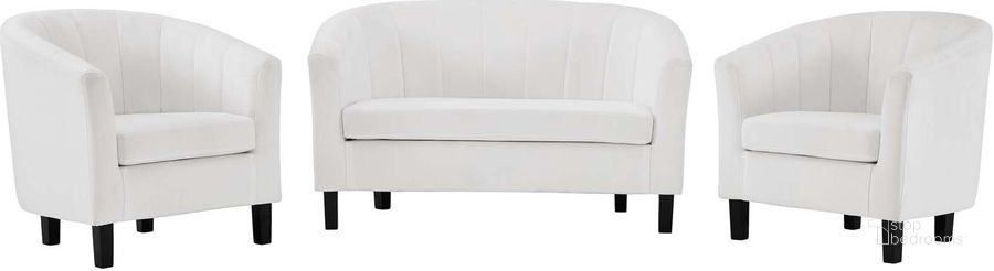 The appearance of Prospect White Channel Tufted 3 Piece Performance Velvet Set designed by Modway in the modern / contemporary interior design. This white piece of furniture  was selected by 1StopBedrooms from Prospect Collection to add a touch of cosiness and style into your home. Sku: EEI-4147-WHI-SET. Product Type: Living Room Set. Material: Pine. Image1