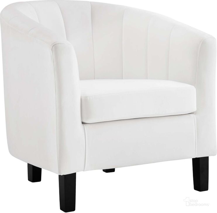 The appearance of Prospect White Channel Tufted Performance Velvet Arm Chair designed by Modway in the modern / contemporary interior design. This white piece of furniture  was selected by 1StopBedrooms from Prospect Collection to add a touch of cosiness and style into your home. Sku: EEI-3188-WHI. Product Type: Living Room Chair. Material: Pine. Image1