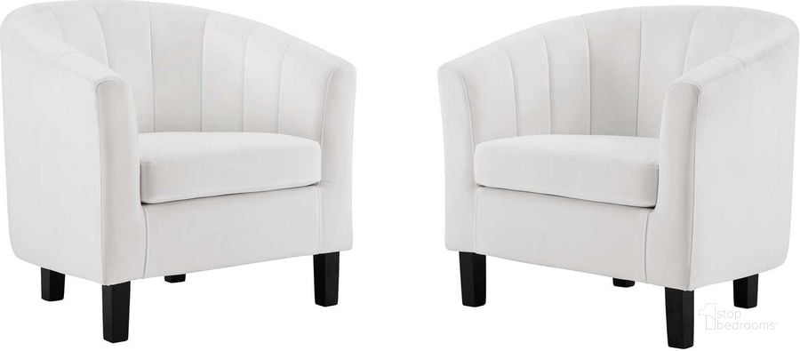 The appearance of Prospect White Channel Tufted Performance Velvet Arm Chair Set of 2 designed by Modway in the modern / contemporary interior design. This white piece of furniture  was selected by 1StopBedrooms from Prospect Collection to add a touch of cosiness and style into your home. Sku: EEI-4150-WHI. Product Type: Living Room Chair. Material: Pine. Image1