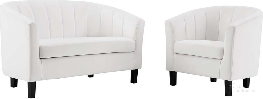 The appearance of Prospect White Channel Tufted Performance Velvet Loveseat and Arm Chair Set designed by Modway in the modern / contemporary interior design. This white piece of furniture  was selected by 1StopBedrooms from Prospect Collection to add a touch of cosiness and style into your home. Sku: EEI-4146-WHI-SET. Product Type: Living Room Chair. Material: Pine. Image1