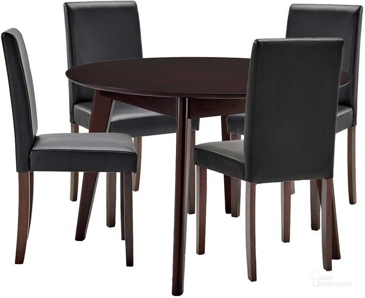 The appearance of Prosper 5-Piece Faux Leather Dining Set In Black designed by Modway in the transitional interior design. This black piece of furniture  was selected by 1StopBedrooms from Prosper Collection to add a touch of cosiness and style into your home. Sku: EEI-4289-CAP-BLK. Product Type: Dining Room Set. Material: MDF. Image1