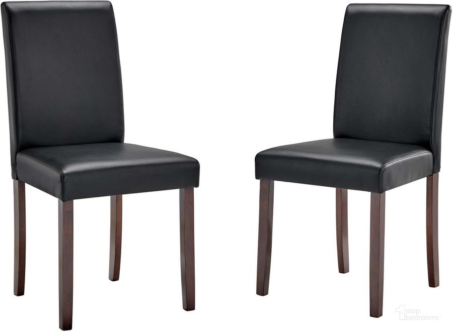 The appearance of Prosper Faux Leather Dining Side Chair Set of 2 designed by Modway in the modern / contemporary interior design. This black piece of furniture  was selected by 1StopBedrooms from Prosper Collection to add a touch of cosiness and style into your home. Sku: EEI-3617-BLK. Material: Wood. Product Type: Side Chair. Image1