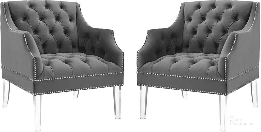 The appearance of Proverbial Armchair Performance Velvet Set of 2 designed by Modway in the modern / contemporary interior design. This gray piece of furniture  was selected by 1StopBedrooms from Proverbial Collection to add a touch of cosiness and style into your home. Sku: EEI-4421-GRY. Product Type: Arm Chair. Material: Pine. Image1
