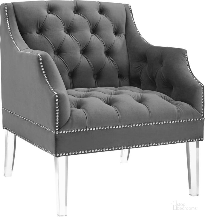 The appearance of Proverbial Gray Tufted Button Accent Performance Velvet Arm Chair designed by Modway in the modern / contemporary interior design. This gray piece of furniture  was selected by 1StopBedrooms from Proverbial Collection to add a touch of cosiness and style into your home. Sku: EEI-3413-GRY. Product Type: Living Room Chair. Material: Pine. Image1
