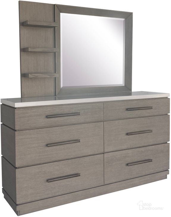 The appearance of Pure Modern Bedroom 6 Drawer Dresser and Mirror In Grey designed by Parker House in the modern / contemporary interior design. This grey piece of furniture  was selected by 1StopBedrooms from Pure Modern Collection to add a touch of cosiness and style into your home. Sku: BPUR#21706;BPUR#3154. Product Type: Dresser and Mirror. Material: Wood Veneer. Image1