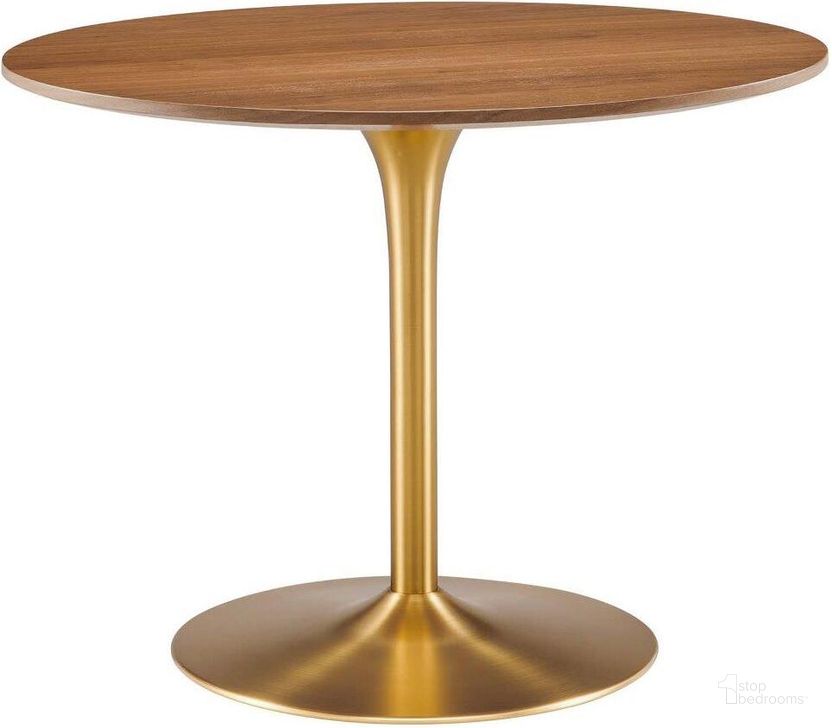 The appearance of Pursuit 40 Inch Dining Table In Walnut Gold designed by Modway in the modern / contemporary interior design. This walnut gold piece of furniture  was selected by 1StopBedrooms from Pursuit Collection to add a touch of cosiness and style into your home. Sku: EEI-6313-WAL-GLD. Table Base Style: Pedestal. Table Top Shape: Round. Product Type: Dining Table. Material: Wood Veneer. Size: 40". Image1