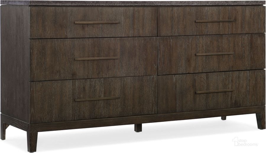 The appearance of Miramar Aventura Dark Wood Raphael 6 Drawer Dresser designed by Hooker in the transitional interior design. This brown piece of furniture  was selected by 1StopBedrooms from Miramar Aventura Collection to add a touch of cosiness and style into your home. Sku: 6202-90002-DKW. Material: Wood. Product Type: Dresser.