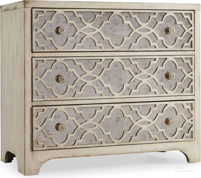 The appearance of Sanctuary Gold Pearl Essence Gold Fretwork Chest designed by Hooker in the transitional interior design. This gold piece of furniture  was selected by 1StopBedrooms from Sanctuary Collection to add a touch of cosiness and style into your home. Sku: 3023-85001. Material: Wood. Product Type: Accent Chest. Image1