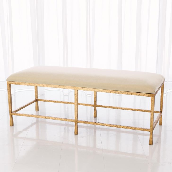 The appearance of Quad Pod Bench With Muslin Cushion In Gold Leaf designed by Global Views in the modern / contemporary interior design. This gold piece of furniture  was selected by 1StopBedrooms from Quad Collection to add a touch of cosiness and style into your home. Sku: 7.80429. Product Type: Bench. Material: Iron. Image1