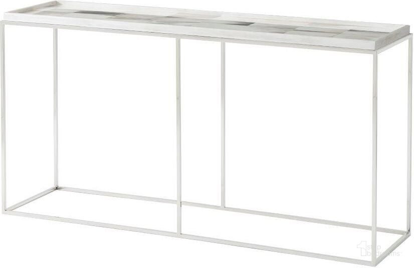 The appearance of Quadrilateral Console designed by Theodore Alexander in the transitional interior design. This  piece of furniture  was selected by 1StopBedrooms from Biscayne Collection to add a touch of cosiness and style into your home. Sku: 5329-015. Product Type: Console Table. Material: Stainless Steel.