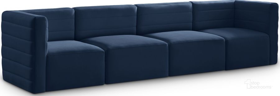 The appearance of Quincy Velvet Modular Sofa In Navy designed by Meridian in the modern / contemporary interior design. This navy velvet piece of furniture  was selected by 1StopBedrooms from Quincy Collection to add a touch of cosiness and style into your home. Sku: 677Navy-S126-1;677Navy-S126-2;677Navy-S126-3;677Navy-S126-4. Material: Wood. Product Type: Sofa. Image1