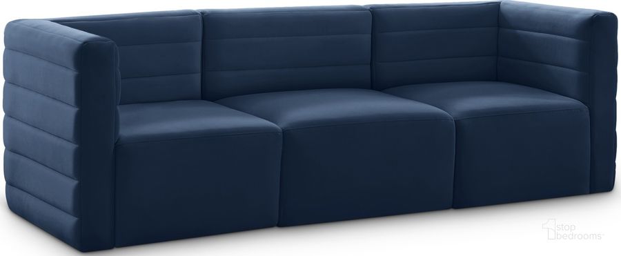 The appearance of Quincy Velvet Modular Sofa In Navy designed by Meridian in the modern / contemporary interior design. This navy velvet piece of furniture  was selected by 1StopBedrooms from Quincy Collection to add a touch of cosiness and style into your home. Sku: 677Navy-S95-1;677Navy-S95-2;677Navy-S95-3. Material: Wood. Product Type: Sofa. Image1