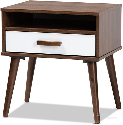 The appearance of Quinn Mid-Century Modern Two-Tone White And Walnut Finished 1-Drawer Wood End Table designed by Baxton Studio in the modern / contemporary interior design. This walnut piece of furniture  was selected by 1StopBedrooms from Quinn Collection to add a touch of cosiness and style into your home. Sku: ET8002-Columbia Walnut/White-ET. Product Type: End Table. Material: Rubberwood. Image1