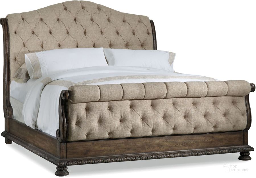 The appearance of Rhapsody Beige Queen Upholstered Sleigh Bed designed by Hooker in the traditional interior design. This beige piece of furniture  was selected by 1StopBedrooms from Rhapsody Collection to add a touch of cosiness and style into your home. Sku: 5070-90551;5070-90552;5070-90553. Bed Type: Sleigh Bed. Material: Wood. Product Type: Sleigh Bed. Bed Size: Queen. Image1