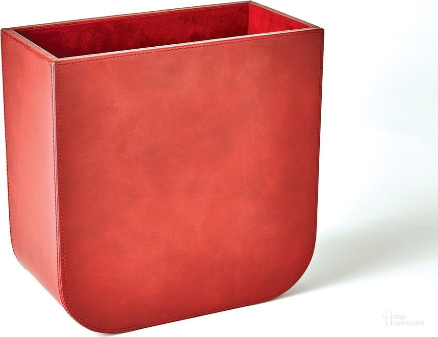 The appearance of Radius Edge Leather Wastebasket In Deep Red designed by Global Views in the modern / contemporary interior design. This red piece of furniture  was selected by 1StopBedrooms from Radius Collection to add a touch of cosiness and style into your home. Sku: 9.93806. Material: Leather. Product Type: Basket. Image1