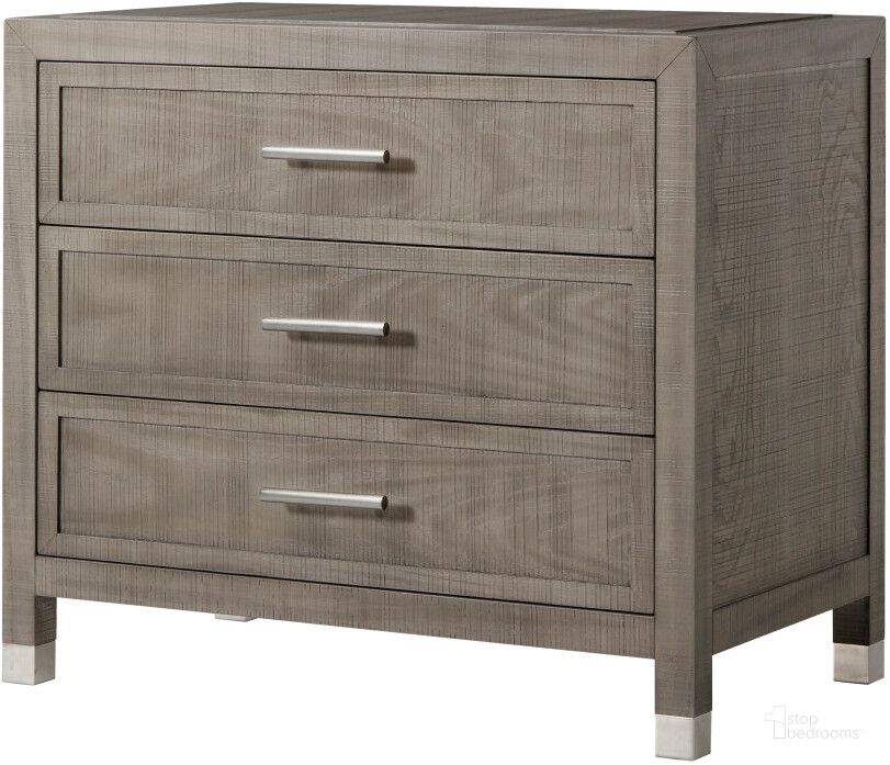 The appearance of Raffles 3 Drawer Nightstand In Grey And Pewter designed by Sonder Living in the modern / contemporary interior design. This brown piece of furniture  was selected by 1StopBedrooms from Raffles Collection to add a touch of cosiness and style into your home. Sku: FG0804261. Product Type: Nightstand. Material: MDF. Image1