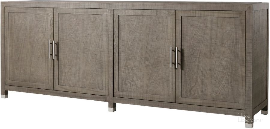 The appearance of Raffles 4-Door Credenza In Grey And Pewter designed by Sonder Living in the modern / contemporary interior design. This brown piece of furniture  was selected by 1StopBedrooms from Raffles Collection to add a touch of cosiness and style into your home. Sku: FG0804263. Material: Wood. Product Type: Credenza. Image1